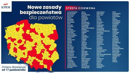 Mapa powiatów - strefy żółte i czerwone