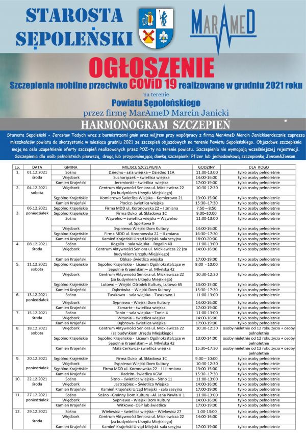 Harmonogram szczepień grudzień