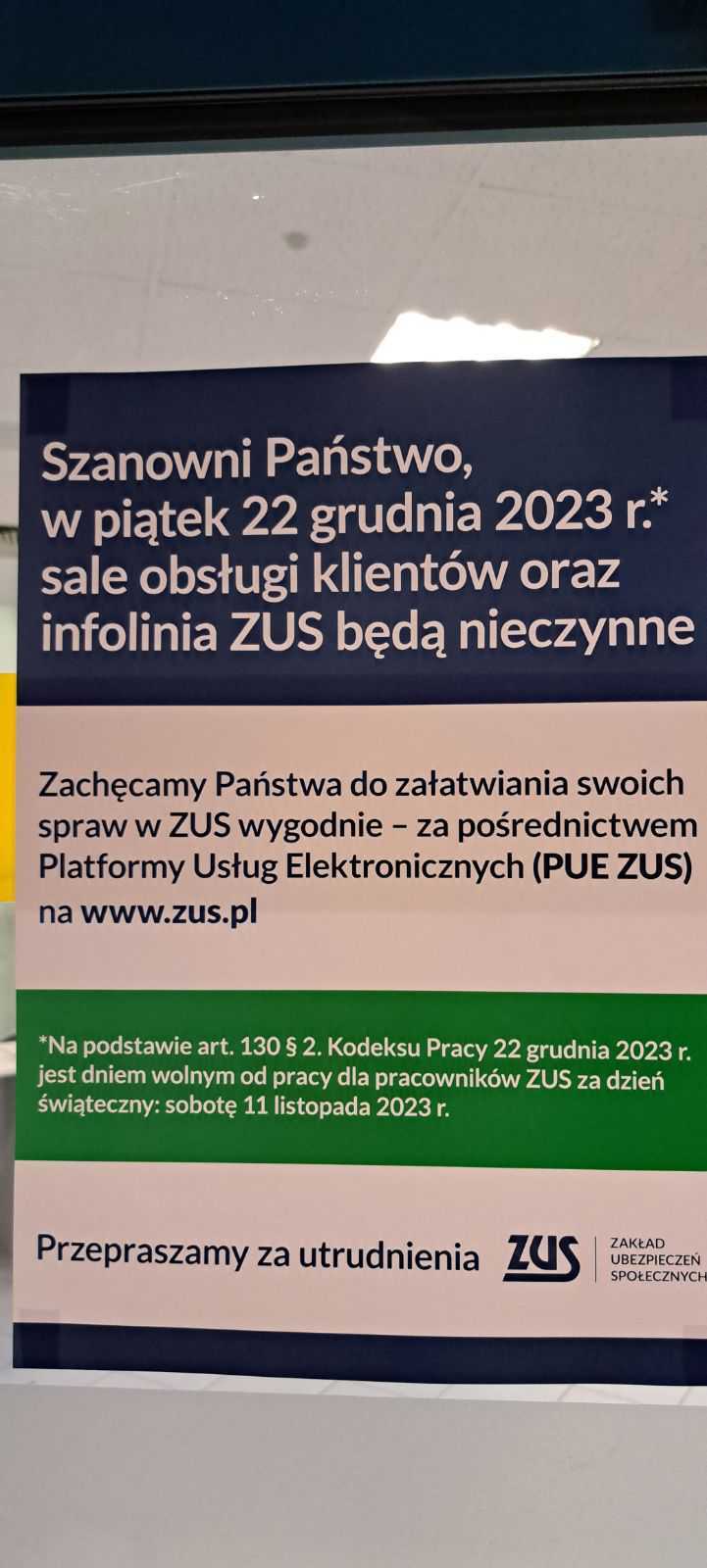 Nieczynny ZUS w piątek 22 grudnia 2023 r.