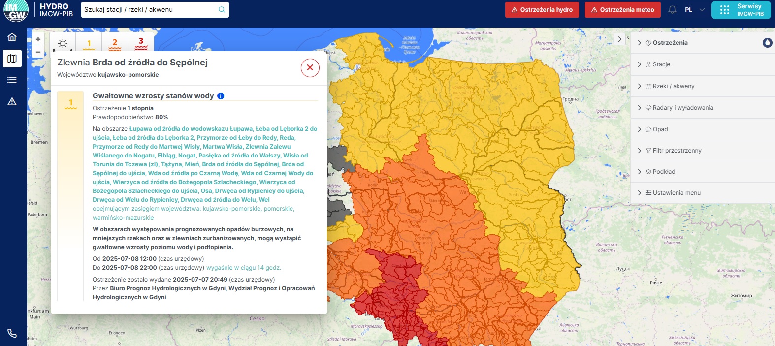 Uwaga! Gwałtowne wzrosty stanów wody! Zlewnie Brdy i Łobzonki